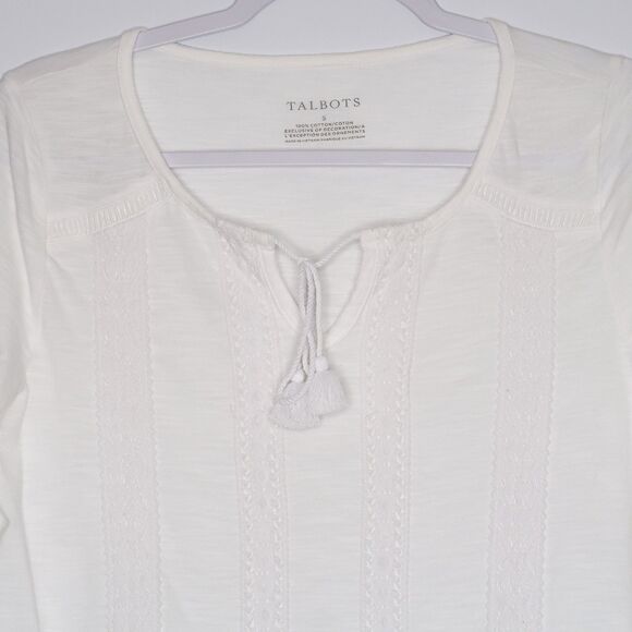 Talbots Womens 3/4 Sleeve Top Size Small White Boho Lightweight Basic Tassels‎ - Picture 5 of 6